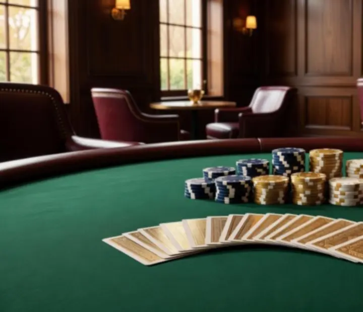 Close-up of a physical poker table with cards, chips, and a host's hands in an elegant lounge