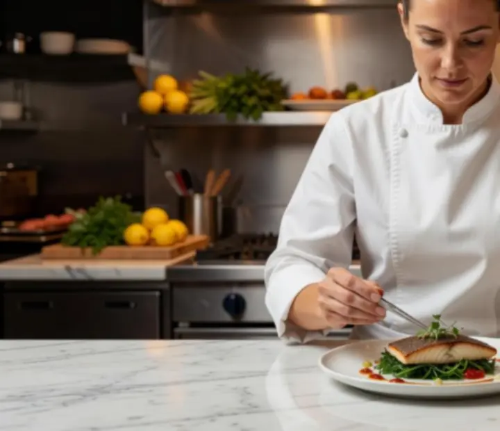 Executive Chef Amelia Carter in the kitchen plating a refined seasonal dish.