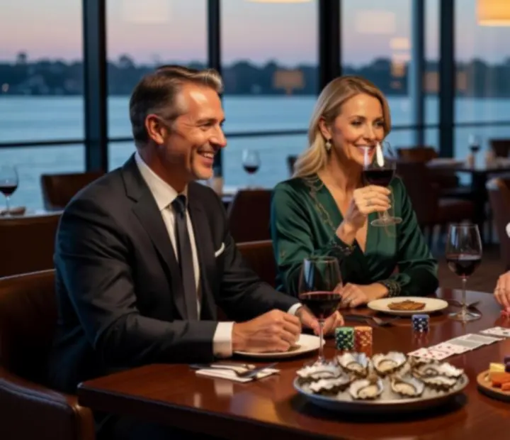 Corporate group enjoying an offline poker night with cocktails and dining in a private Australian lounge