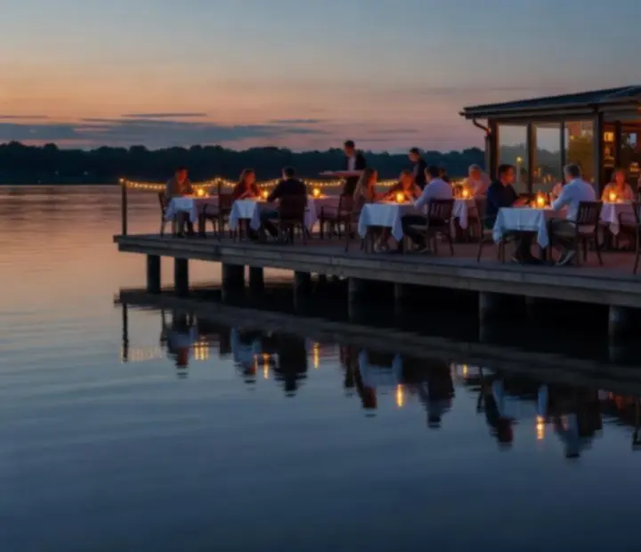 Riverside evening view of Potand Platter with softly illuminated terrace seating.