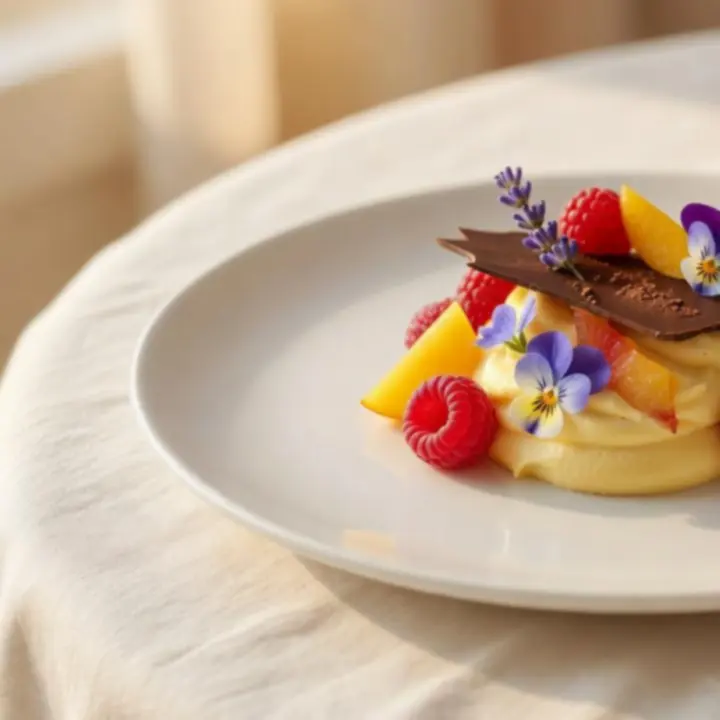 Refined plated dessert at Potand Platter featuring chocolate and seasonal fruit