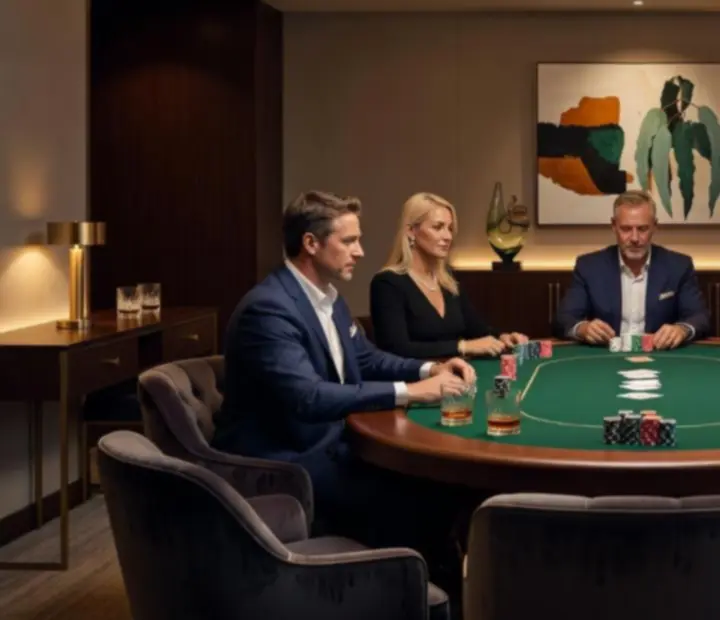 Elegant Australian restaurant poker lounge with a dressed table, soft lighting, and cocktails