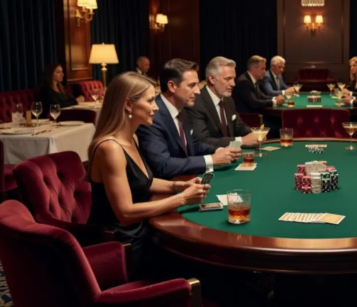 Elegant private poker lounge at Potand Platter with a felt table, cards, chips, and cocktails.