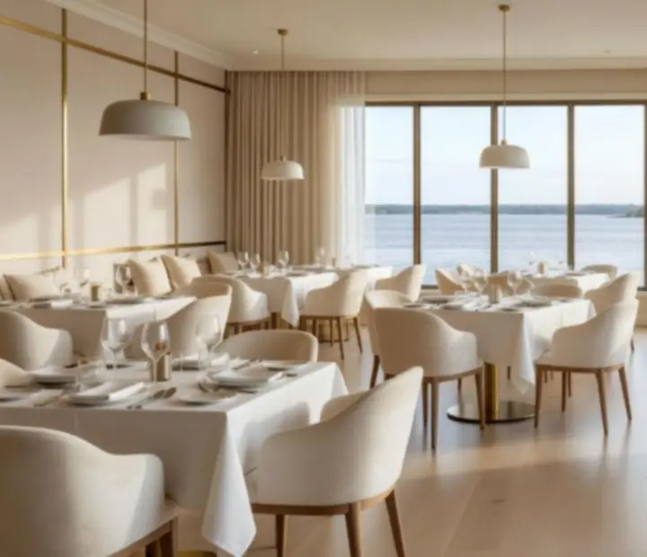 Elegant riverside restaurant dining room in Sydney with soft evening light