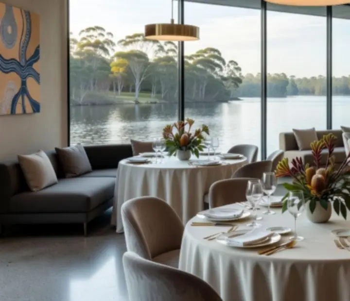 Elegant riverside event space set for a private dinner at Potand Platter